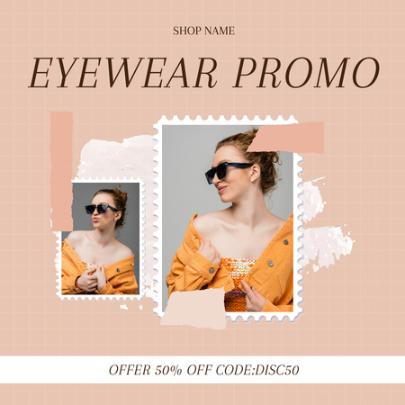 Designvorlage Brillen-Promo mit junger Frau in stilvoller Sonnenbrille für Instagram AD