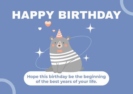 Birthday Wishes with Cute Bear on Blue Card Design Template