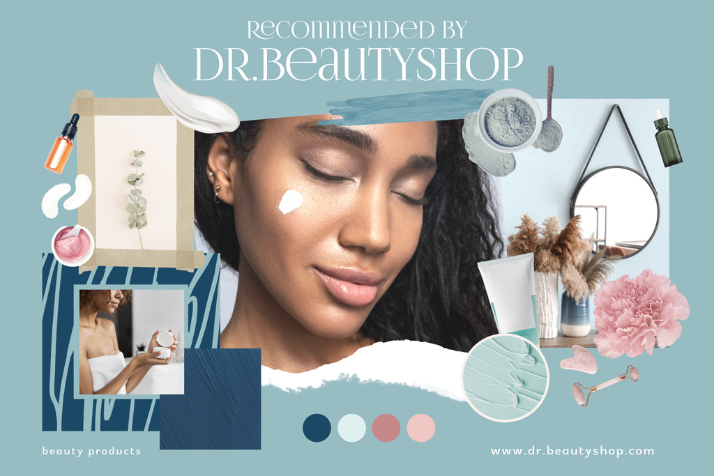 Beauty Shop Ad with Skincare Products Mood Boardデザインテンプレート