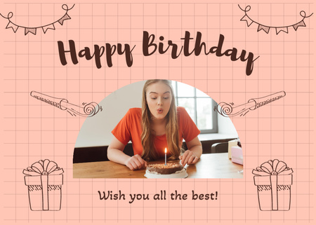 Birthday Girl Blows Out Candle on Birthday Cake Postcard 5x7in Design Template
