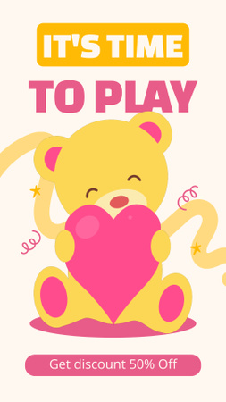 Cartoon Teddy Bear with Pink Heart Instagram Video Story Design Template