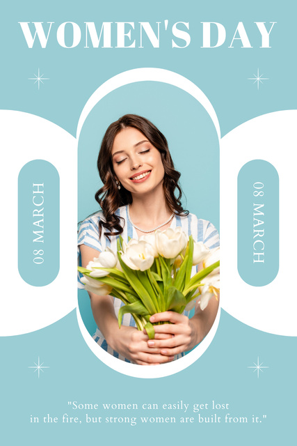Smiling Woman with Bouquet on Women's Day Pinterest tervezősablon