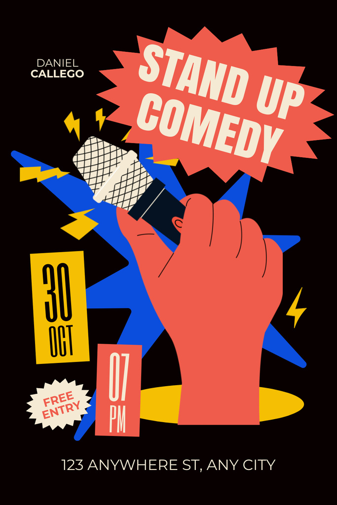 Stand-up Show Ad with Illustration of Microphone in Hand Pinterest Tasarım Şablonu