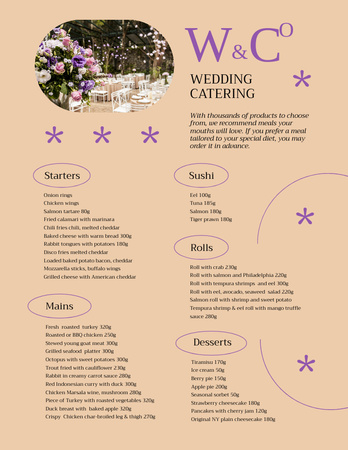 Ontwerpsjabloon van Menu 8.5x11in van Lijst met voedingsmiddelen voor bruiloftscatering