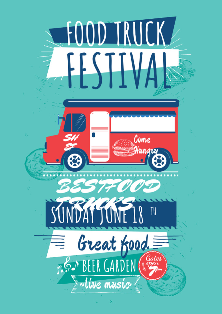 Food Truck Festival Ad with Illustration of Van Flyer A5 Design Template