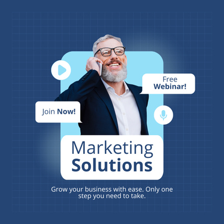 Free Webinar on Marketing Solutions on Blue LinkedIn post Design Template