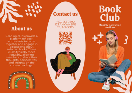 Ontwerpsjabloon van Brochure van Boekenclubadvertentie met lezend meisje in leunstoel