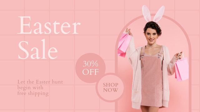 Woman in Rabbit Ears with Shopping Bags for Easter Sale Ad FB event cover Design Template