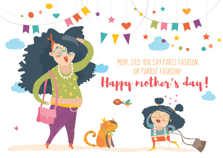 Happy Mother's Day postcard with funny Mom and daughter Postcard Tasarım Şablonu