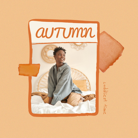 Template di design autunno ispirazione con ragazza in camera da letto accogliente Instagram
