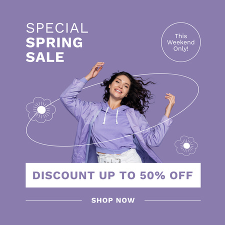 Designvorlage Spring Sale with Woman in Purple für Instagram
