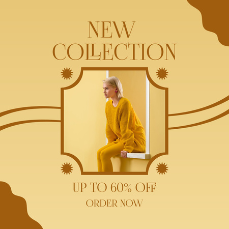 New Clothing Collection Ad with Young Woman in Yellow Outfit Instagram tervezősablon