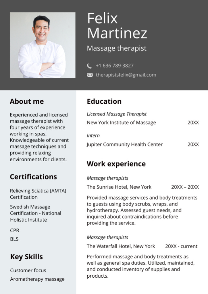 Qualified Massage Therapist Skills and Experience Description Resume Design Template