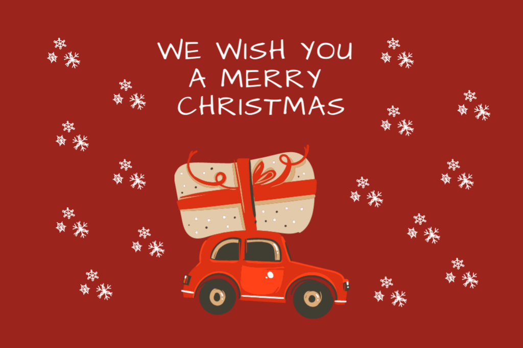 Platilla de diseño Grateful Christmas Greetings with Cartoon Car And Present Postcard 4x6in