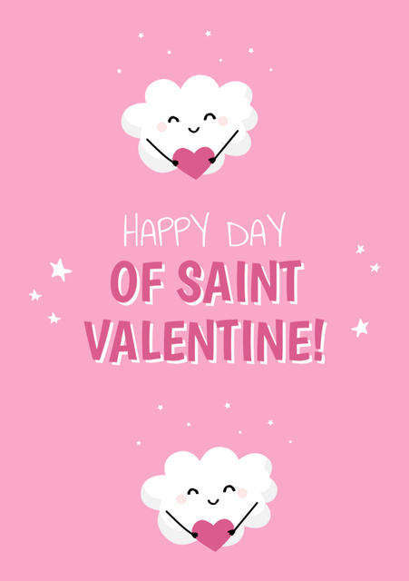 Valentine's Greeting with Cute Clouds Holding Hearts Postcard A5 Vertical Design Template