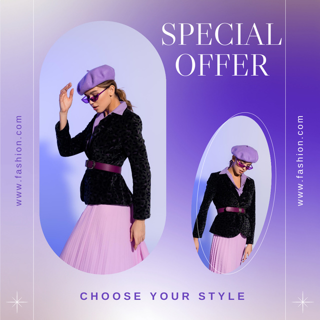 Special Clothing Offer with Woman in Purple Beret Instagram Design Template