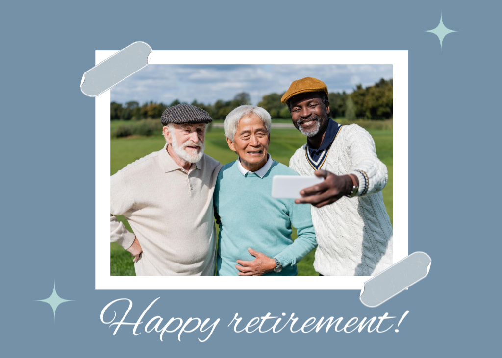 Cheerful Senior Friends Taking Selfie With Retirement Greeting Postcard 5x7in Design Template