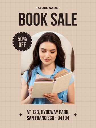 Реклама распродажи в книжном магазине с женщиной в бежевом цвете Poster US – шаблон для дизайна