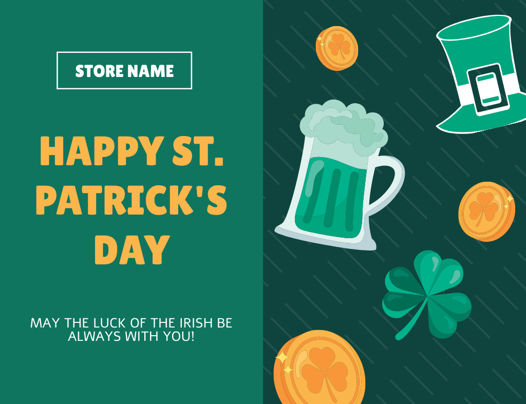 Happy St. Patrick's Day Congratulations With Beer And Coins Thank You Card 5.5x4in Horizontal Tasarım Şablonu