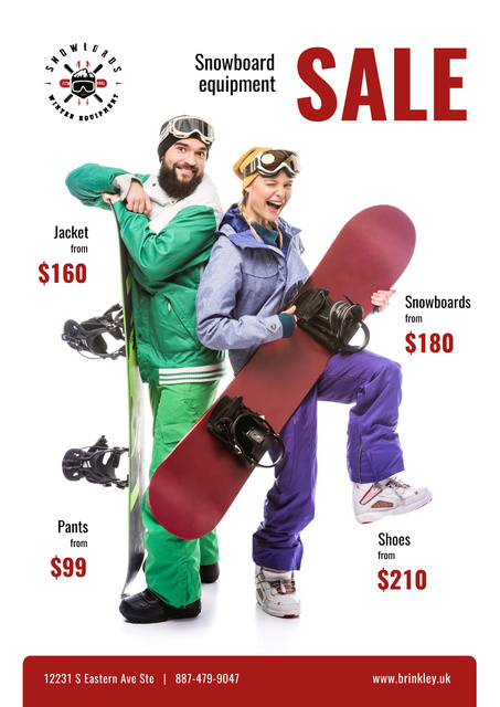 Snowboarding Equipment Sale People with Boards Poster Πρότυπο σχεδίασης