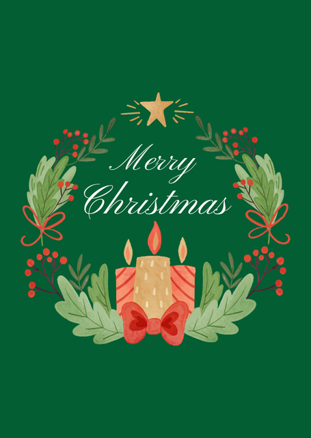 Plantilla de diseño de Gleeful Christmas Congrats with Wreath and Candles Postcard A6 Vertical 