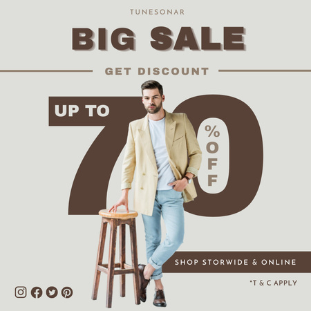 Male Fashion Clothes Sale with Man in Fashionable Outfit Instagram Design Template