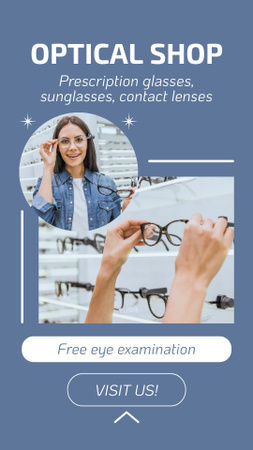 Plantilla de diseño de Venta de anteojos recetados con servicio gratuito de examen de la vista Instagram Video Story 