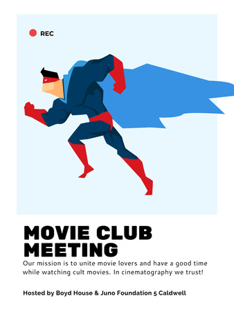 Plantilla de diseño de Movie Club Meeting Man disfrazado de superhéroe Poster US 