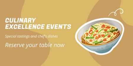 Ontwerpsjabloon van Twitter van Culinaire evenementenadvertentie met pastaillustratie op beige