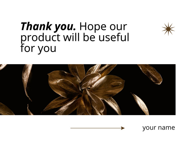 Thank You Text with Shiny Golden Leaves Thank You Card 5.5x4in Horizontal Tasarım Şablonu