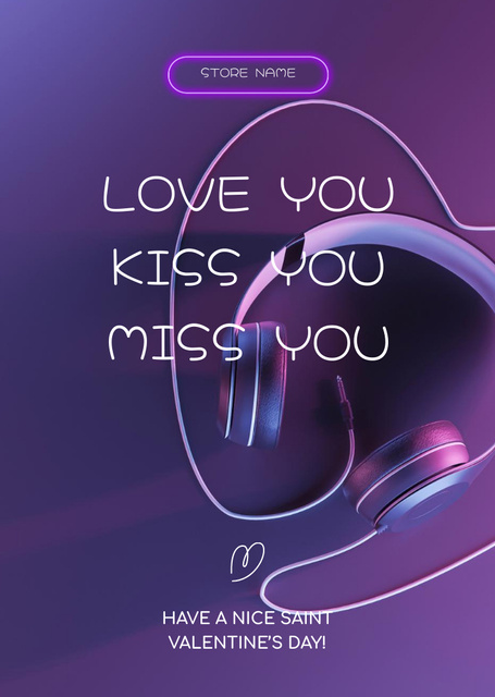Cute Valentine's Day Greeting with Headphones on Violet Postcard A6 Vertical tervezősablon