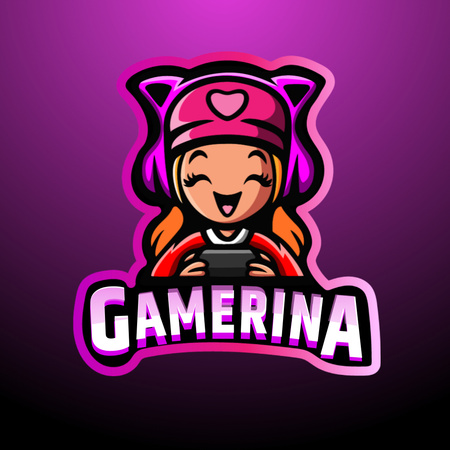 Gaming Club Ad with Cute Girl Character Logo Design Template