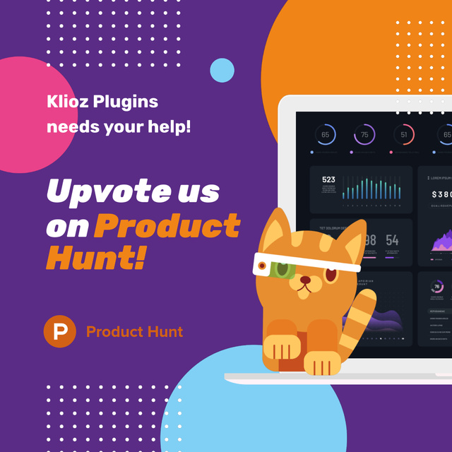 Product Hunt App with Stats on Laptop Screen With Kitten Animated Post tervezősablon