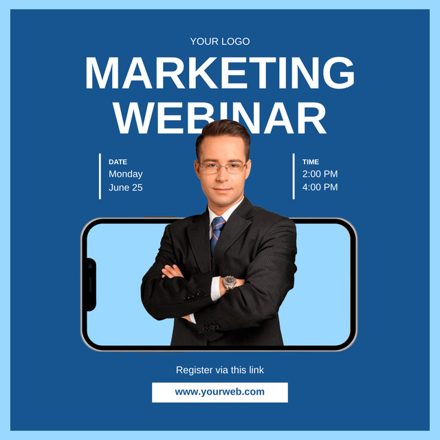 Marketing Webinar Announcement with Man in Black Suit LinkedIn post Tasarım Şablonu