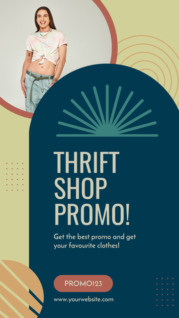 Designvorlage Promo of Thrift Shop with Stylish Woman für Instagram Story