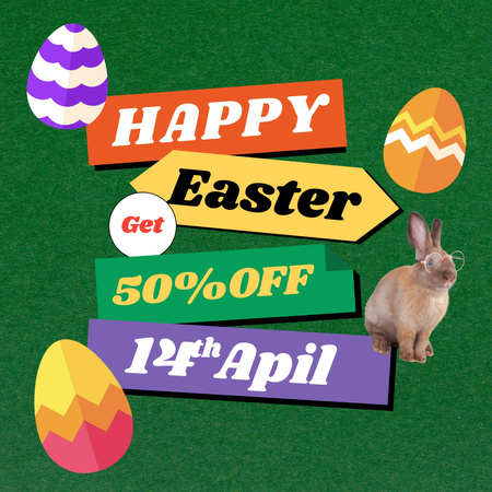 Platilla de diseño Easter Sale Ad with Colored Eggs and Cute Rabbit Instagram