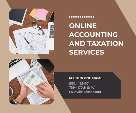 Plantilla de diseño de Servicios de contabilidad e impuestos en línea en fondo marrón Medium Rectangle 