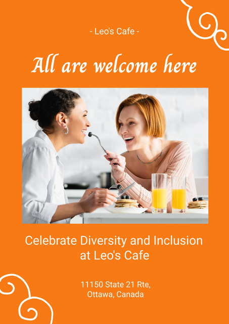 LGBT-Friendly Cafe Invitation with Cute Couple eating Poster Design Template