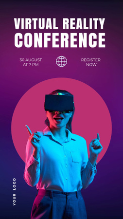 Announcement of Virtual Reality Conference with Woman in Neon Light TikTok Video Design Template