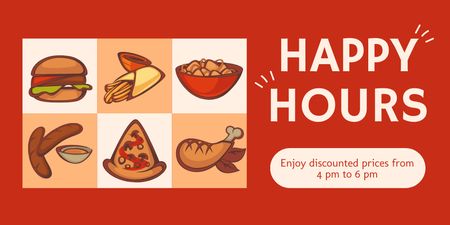 Happy Hours Promo with Illustration of Tasty Fast Food Twitter Design Template