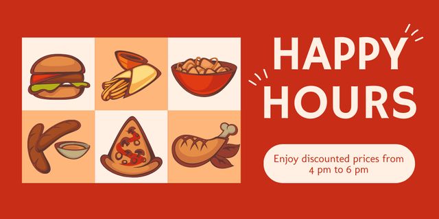 Happy Hours Promo with Illustration of Tasty Fast Food Twitter tervezősablon