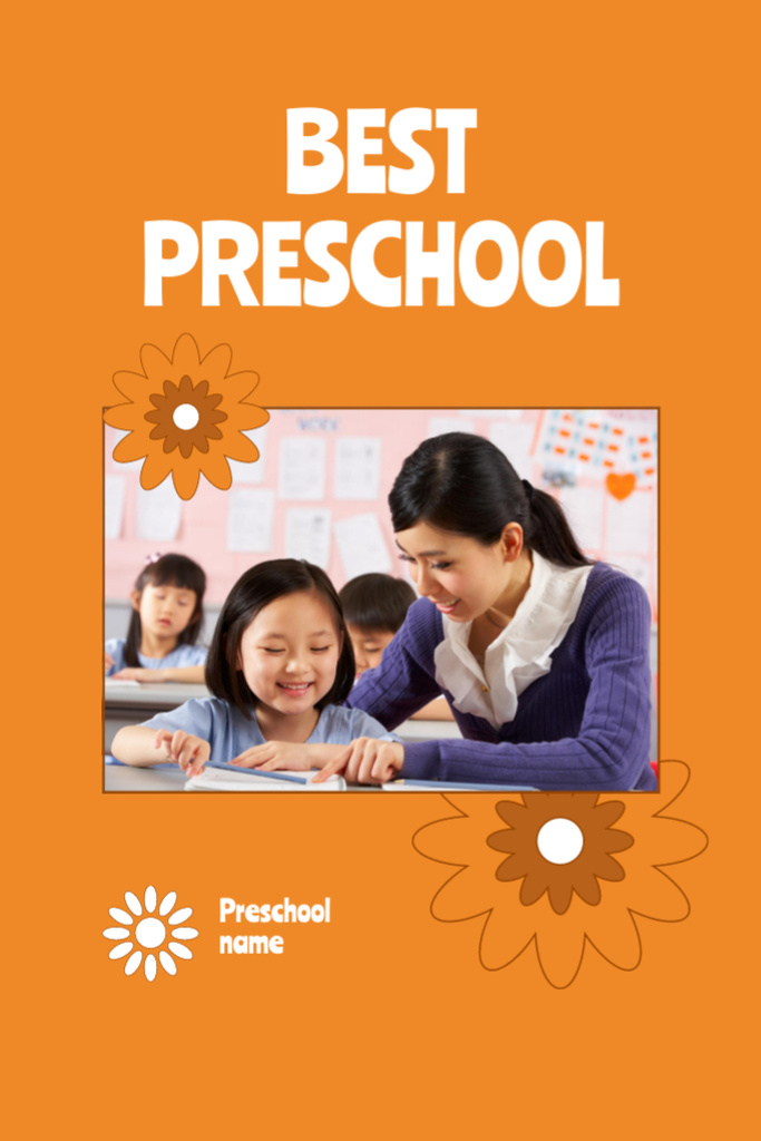 Designvorlage Best Preschool Education In Orange With Teacher für Postcard 4x6in Vertical