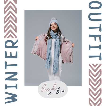 Winter Sale Announcement with Girl in Warm Clothes Instagram Design Template