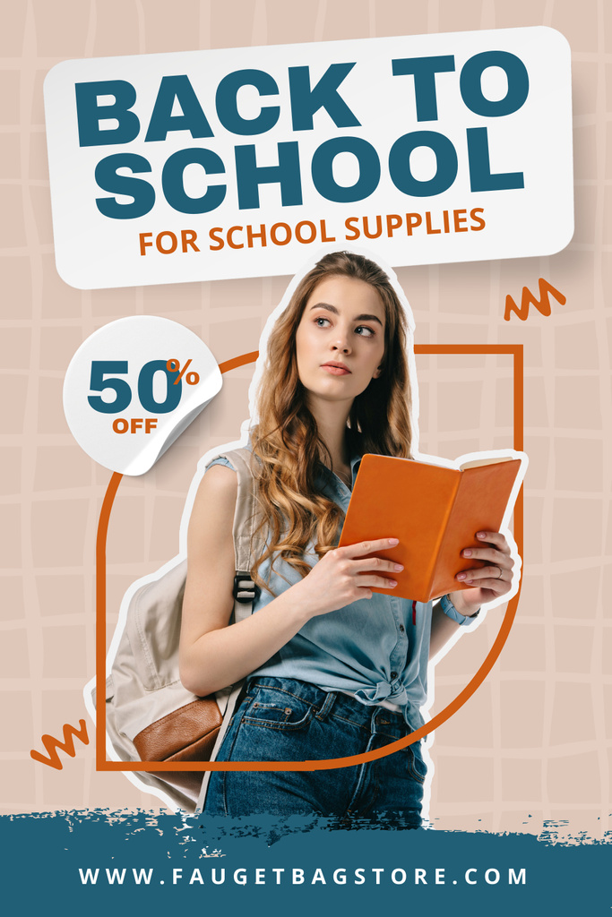 Discount Offer on School Supplies with Student and Book Pinterest Modelo de Design