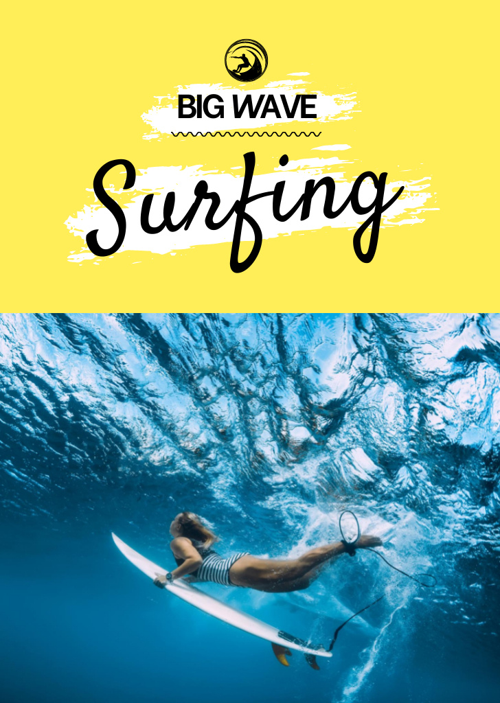 Surfing School Ad with Woman in Water with Surfboard Postcard A6 Vertical Design Template