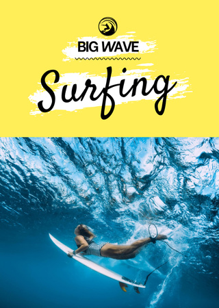 Szablon projektu Surfing School Ad with Woman in Water with Surfboard Postcard A6 Vertical