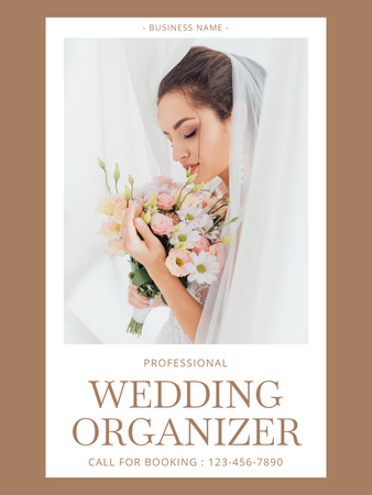 Designvorlage Professionelles Hochzeitsorganisatorangebot mit junger Braut im Schleier für Poster US