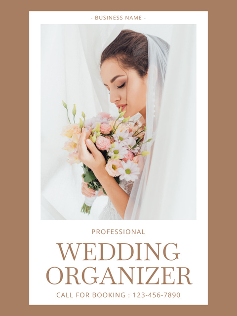 Professional Wedding Organizer Offer with Young Bride in Veil Poster USデザインテンプレート