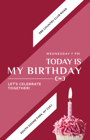 Birthday Party Announcement With Candle In Pink Cupcake Invitation 5.5x8.5in Design Template
