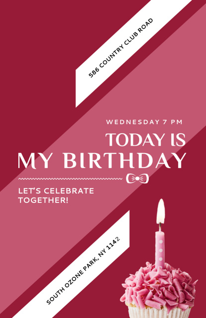 Birthday Party Announcement With Candle In Pink Cupcake Invitation 5.5x8.5inデザインテンプレート